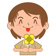 girl holding flower playful face cartoon cute
