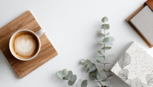Light & airy workspace with coffee & eucalyptus