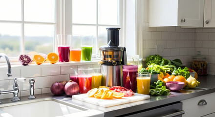 Kitchen countertop with fresh fruit and juices, a juicer, and a sunny window.