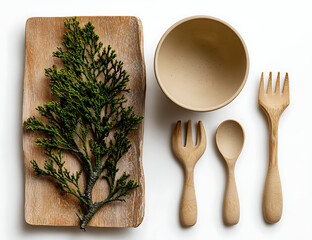 Eco friendly bamboo cutlery set with bowl and cedar branch on wooden board