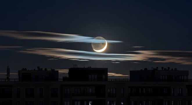 A captivating celestial scene unfolds as the crescent moon illuminates the night sky, casting a soft glow over a cityscape, creating a mesmerizing visual display