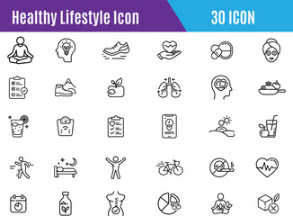 Healthy lifestyle icon set. Contains such Icons as diet,exercise, sleep, running, yoga, self-care,  culture and hobbies icons ....