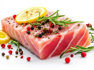 Fresh salmon fillet garnished with herbs and lemon slices