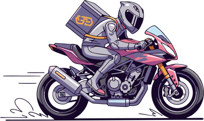 A delivery motorcycle rider in motion, carrying a large box,  wearing protective gear.