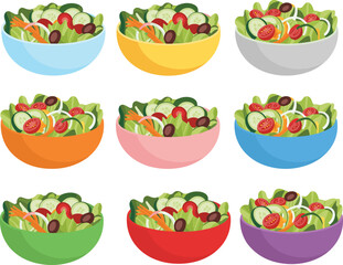 Fresh vegetable salad bowls, colorful healthy mixed greens, cucumber tomato lettuce, carrot olive salad, vegan food, nutritious meal, fresh garden vegetables, diet food bowls, vegetarian dishes