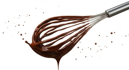 Fototapeta premium A tantalizing close up of a whisk coated in rich melted chocolate with scattered droplets ready for baking sweet treats