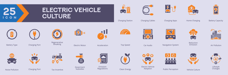 Electric Vehicle Cilture icons collection vector images in duotone style
containing several charging station, charging cables, charging apps, home charging.
for Web and Application icons.