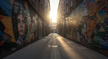 Fototapeta premium Dynamic Graffiti Alley with Golden Sunlight