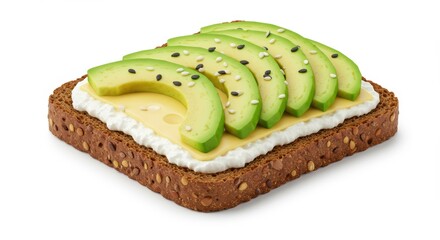 Avocado open sandwich with cheese and sesame seeds on whole grain bread is isolated for a healthy and delicious breakfast