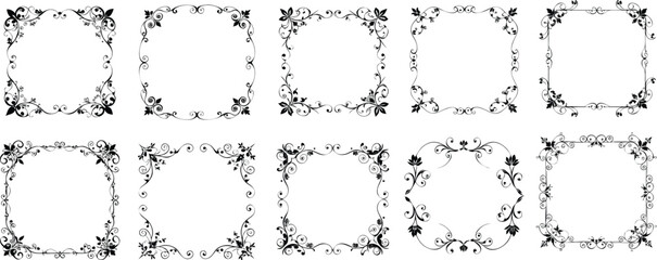 Floral swirl square frame set, wedding decorative ornament elements collection, hand-drawn, classic vintage victorian style	
