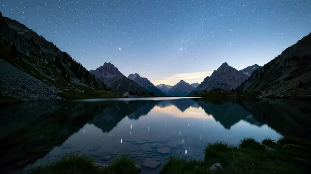 Starry Night Time-Lapse Over Alpine Lake with Mountain Reflections