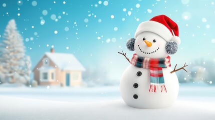 Fototapeta premium Adorable snowman in front of a suburban home, wearing earmuffs and a plaid scarf, surrounded by freshly fallen snow under a bright winter sky, cheerful holiday scene