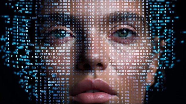 Digital face binary code technology futuristic data artificial intelligence human cyber abstract innovation projection closed eyes blue light illuminated pattern visualization concept privacy