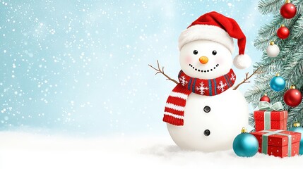 Fototapeta premium Cheerful snowman wearing a cozy scarf and Santa hat, standing in a warm living room, carefully decorating a tall Christmas tree with colorful ornaments and twinkling lights