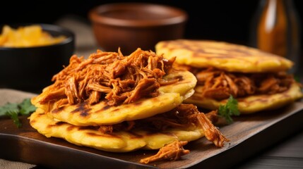 Delicious arepas topped with flavorful shredded meat, a South American delight.
