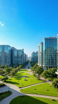 Vertical aerial footage showcases modern Pune IT park architecture with sleek office buildings and lush green spaces under a clear blue sky in stunning four k resolution.