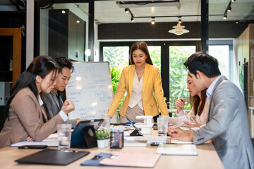 Whiteboard, woman and brainstorm in boardroom, idea and strategy for planning in office. Management, project or vision for business and startup.