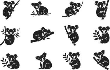 Adorable koala silhouettes on branches, cartoon-style vector illustrations for nature, wildlife, animal design, graphic assets, black white drawings