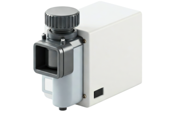 White industrial dosing pump with a control knob and window isolated on a transparent background