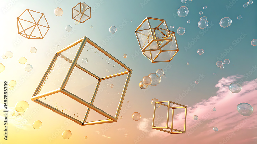 Fototapete geometric cubes and bubbles float in a dreamy sky, creating an abstract and surreal atmosphere