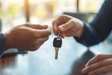 Buy second-hand car or rent a car concept, close-up view of a used car agent handing over an auto key to a client, Generative AI