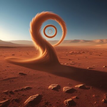 Professionally captured photograph of a majestic dust devil swirling across the rust-red, arid expanse of the Martian desert plain in the Amazonis Planitia region.