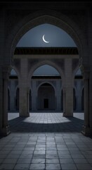 Elegant Architectural Marvel A Serene Night View of an Islamic Courtyard, Showcasing Arches and a Crescent Moon in a Tranquil, Artistic Setting