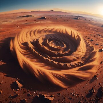 A professionally captured photograph of a majestic dust devil swirling across the rust-red, arid expanse of the Martian desert plain in the Amazonis Planitia region.