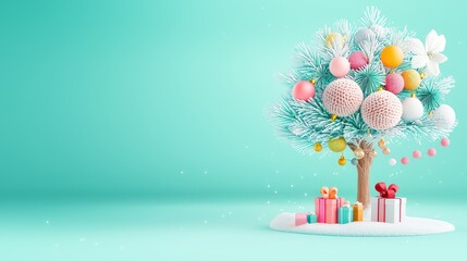 Mezzotint 3D illustration of an adorable knitted tree house with colorful Christmas garlands and a snow-dusted roof, set against a vivid green backdrop, stock illustration, Christmas