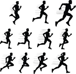 Running Silhouettes Motion Sequence Grid, Progressive Stride Poses Illustrating Speed and Dynamics for Fitness Training, Sports Design, Athlete Art