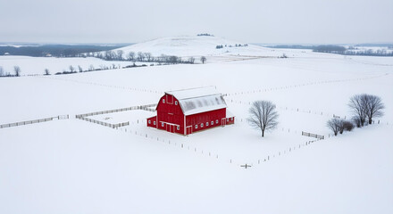 Aerial view of a red barn in quiet, snow-covered countryside.
