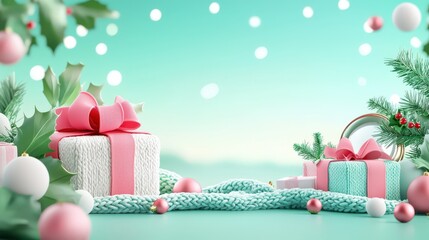 Fototapeta premium Mezzotint close-up of a charming retro table with a mirror wrapped in knitted garlands, featuring small Christmas gifts and a soft knitted table runner, 