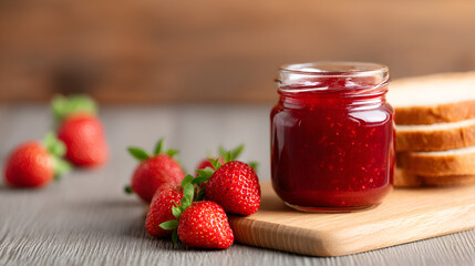 A jar of homemade strawberry jam accompanied by fresh strawberries and toast slices. white 55147355 1