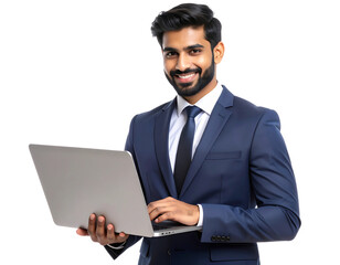 Young Indian Professional Using Laptop with Confident Smile, PNG transparent backgrou  