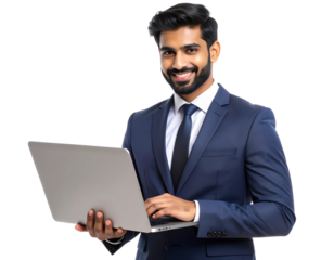 Young Indian Professional Using Laptop with Confident Smile, PNG transparent backgrou  