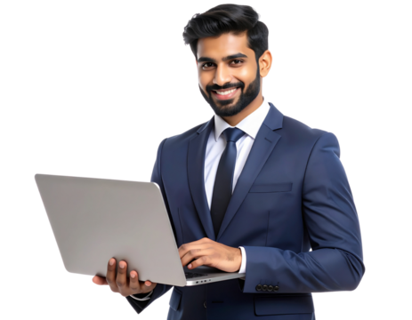 Young Indian Professional Using Laptop with Confident Smile, PNG transparent backgrou