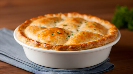 Golden-brown chicken pot pie in a ceramic dish, capturing the essence of home-cooked comfort food. white 68307395 1
