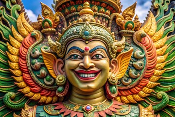 Fototapeta premium Vibrant golden and green deity sculpture with intricate details