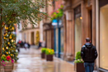 Obraz premium Walking on Wet Street with Christmas Decorations and City Architecture, motion blur Business concept, motion bokeh background