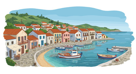 Charming coastal village scene with boats and colorful houses
