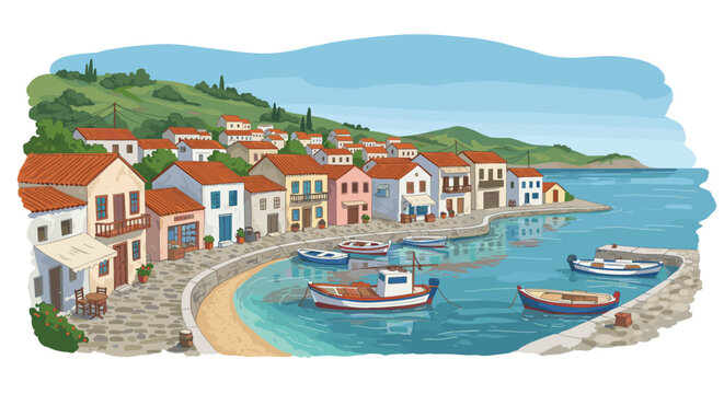 Charming coastal village scene with boats and colorful houses