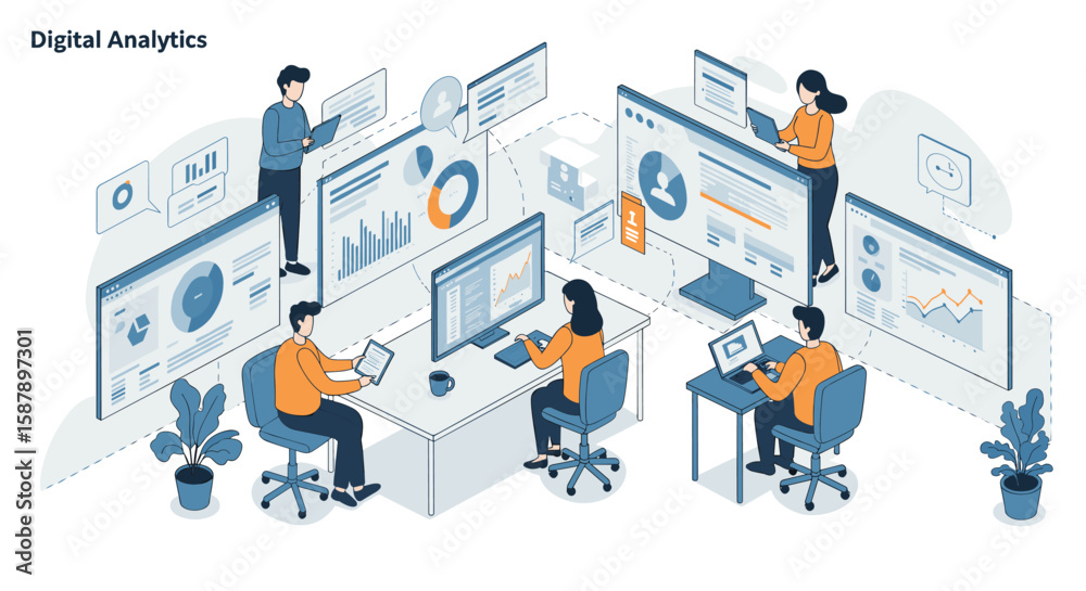 Poster team collaborating on digital analytics - data analysis and visualization collaboration in a modern 