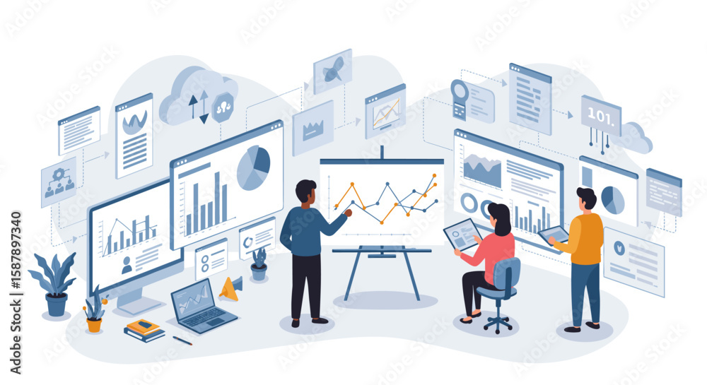 Poster team analyzing data with graphs and charts in modern office setting