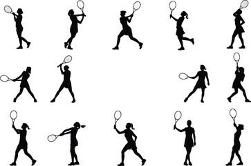 Tennis Silhouettes Grid Set, Athletic Players with Rackets in Action Poses for Sports Design, Dynamic Fitness Motion Illustration Art