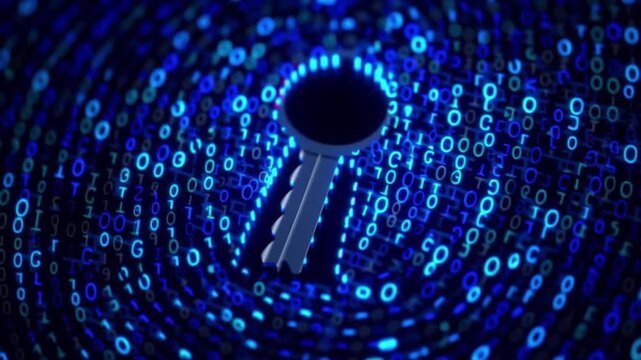 Digital keyhole glowing with blue binary code symbolizes cybersecurity data protection technology in futuristic environment featuring abstract swirling patterns and digital lock concept
