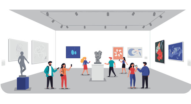 Modern art gallery visit with visitors engaging with contemporary exhibits and minimalist artifacts