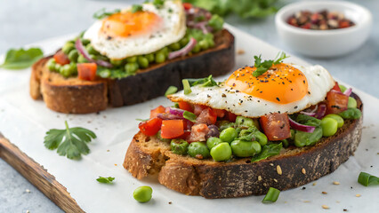 Two slices of toasted bread topped with fresh tomatoes, peas, and a fried egg, creating a delicious and healthy openfaced sandwich
