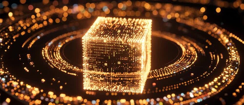 Glowing Digital Cube with Particle Connections in Abstract Technology Environment, Rendered Image for Data Concept