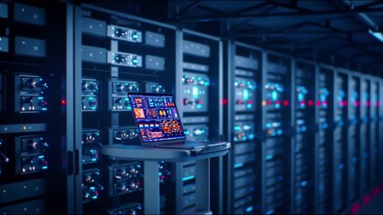 Laptop displaying colorful data analytics dashboard screen server room with multiple racks and blinking lights showcasing advanced technology digital monitoring network and computer data center - Powered by Adobe