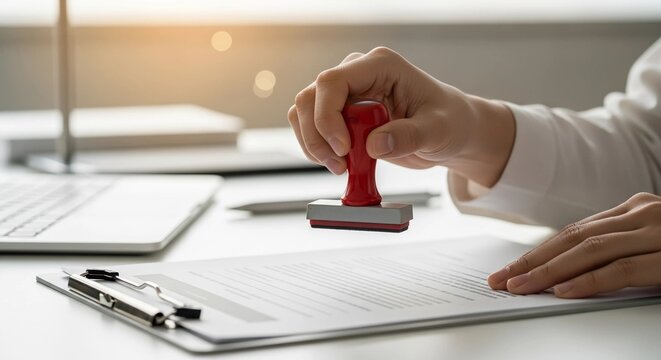 Hand holding a red stamp over a document, symbolizing official approval, emphasizing business administration, legal processes, and financial authorization.